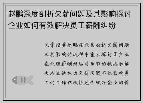 赵鹏深度剖析欠薪问题及其影响探讨企业如何有效解决员工薪酬纠纷