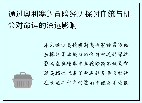 通过奥利塞的冒险经历探讨血统与机会对命运的深远影响