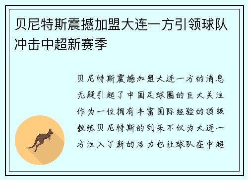 贝尼特斯震撼加盟大连一方引领球队冲击中超新赛季 贝尼特斯震撼加盟大连一方引领球队冲击中超新赛季
