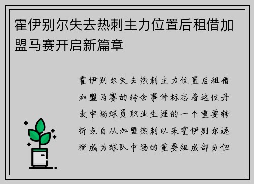 霍伊别尔失去热刺主力位置后租借加盟马赛开启新篇章